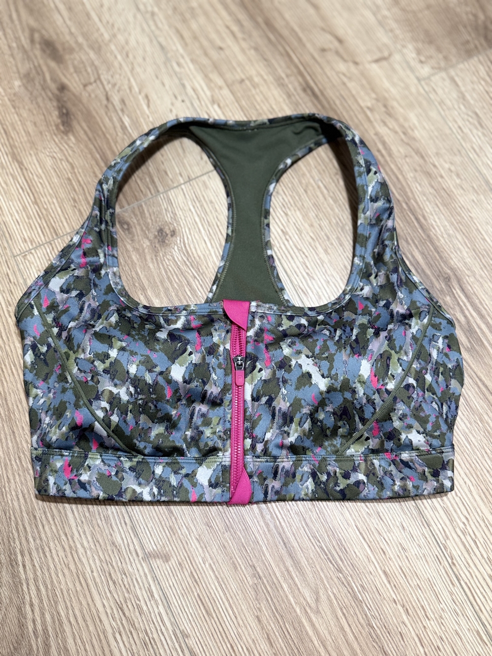 Fabletics Olive Camo Front-Zip Sports Bra with Hot Pink Zipper